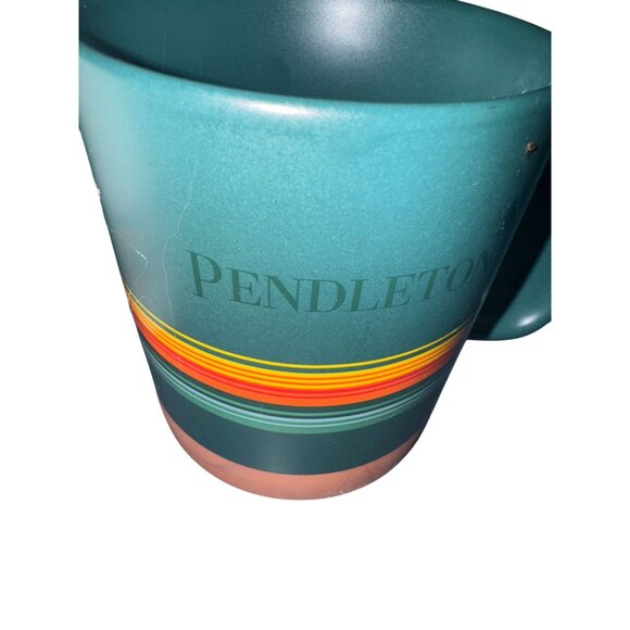 Pendleton Set Of 2 Ceramic Coffee Mugs 18oz White & Green With Multicolor Stripe - Picture 2 of 7